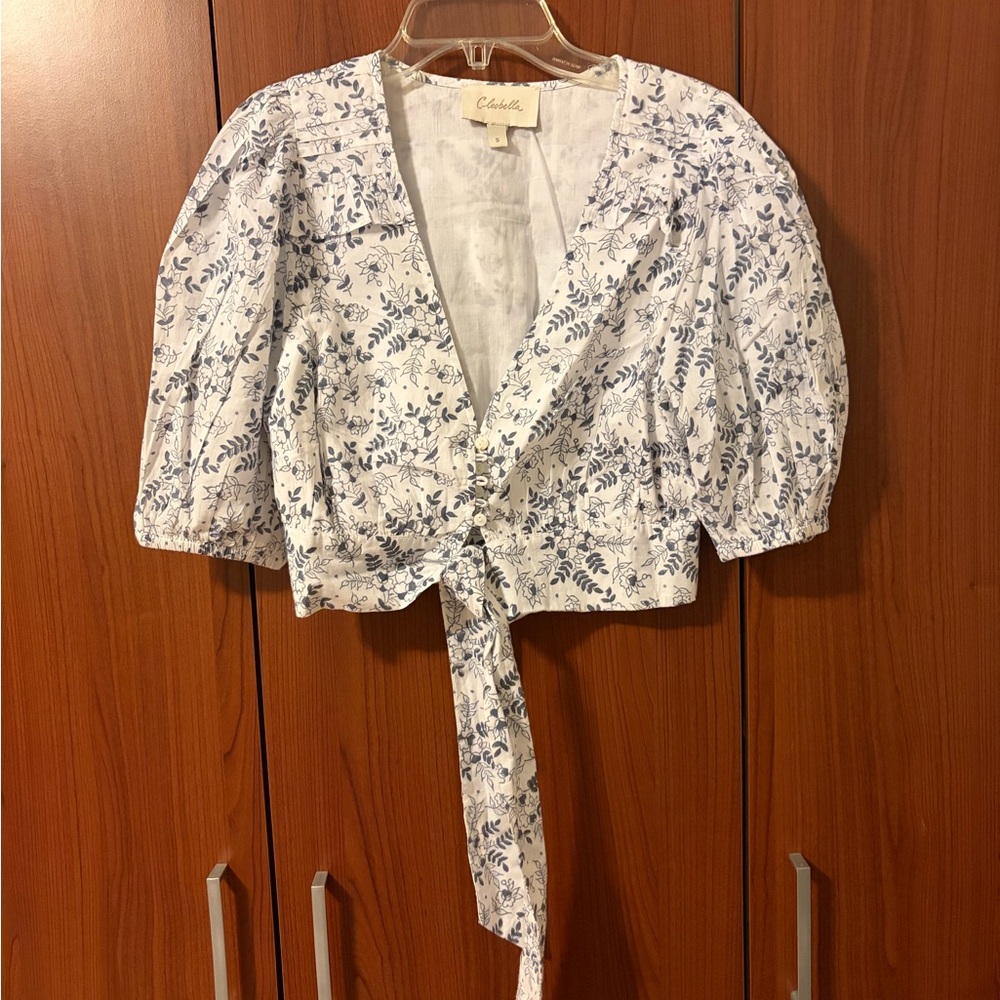 Cleobella White and Blue Floral Wrap Blouse